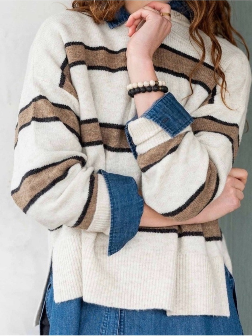 MERSEA The Keeper Striped Crewneck Sweater Oatmeal Brown Wool Blend S